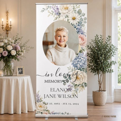 White Blue Blush Floral Photo Funeral Memorial Retractable Banner