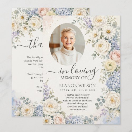 White Blue Blush Floral Photo Funeral Memorial Thank You Card