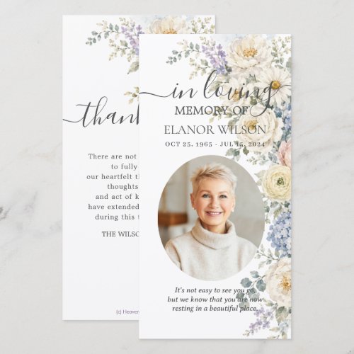 White Blue Blush Floral Photo Funeral Memorial Thank You Card