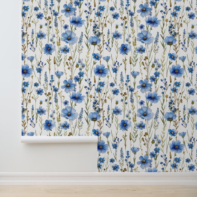 White Blue Bright Watercolor Wildflowers #2 Wallpaper (Application)