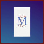 White Blue Burgundy Bar Mitzvah Name Monogram  Paper Guest Towels<br><div class="desc">This paper guest towel can be any background color you select.  Default Background is white; Name and Event (Bar Mitzvah) is fancy burgundy script,  monogram is blue. "create your own."  Guests will appreciate having disposable hand towels available. All Rights Reserved © 2024 Alan & Marcia Socolik..</div>