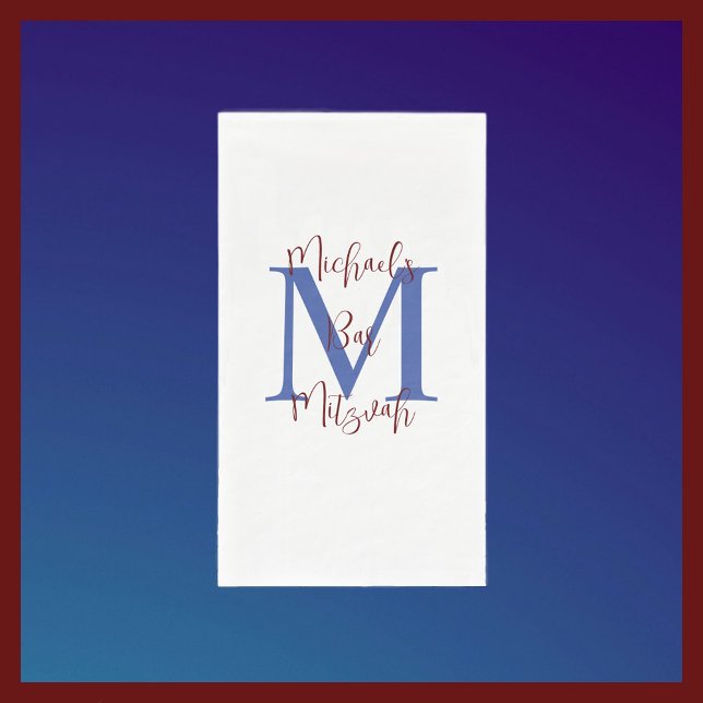 White Blue Burgundy Bar Mitzvah Name Monogram  Paper Guest Towels (Creator Uploaded)