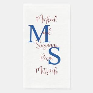 White Blue Burgundy B'nai Mitzvah Name Monogram Paper Guest Towels