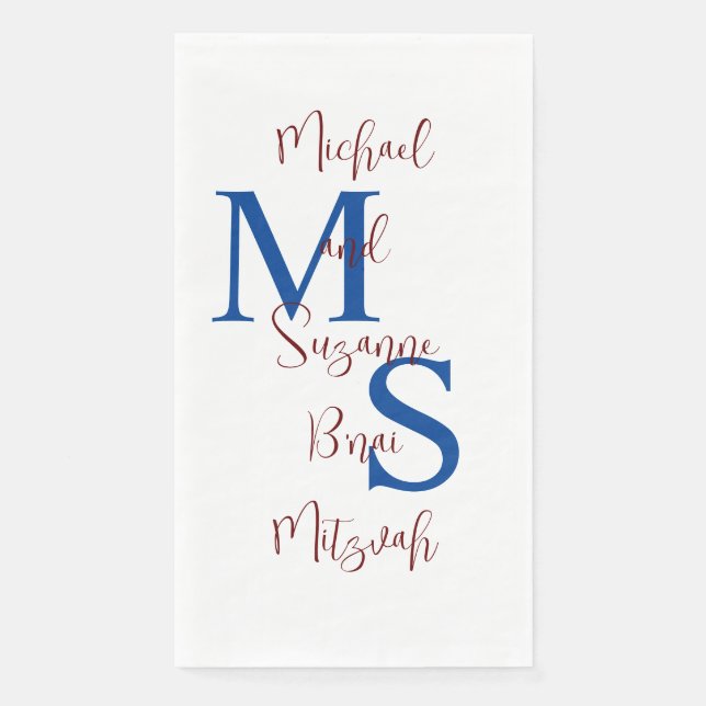 White Blue Burgundy B'nai Mitzvah Name Monogram  Paper Guest Towels (Front)