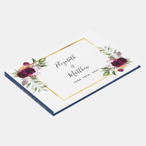 White blue burgundy florals greenery chic wedding guest book