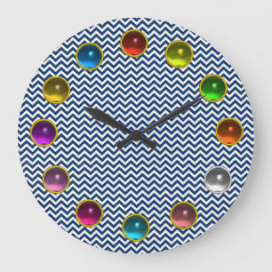 WHITE BLUE CHEVRON AND COLORFUL 3D GEM STONES LARGE CLOCK