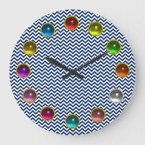 WHITE BLUE CHEVRON AND COLORFUL 3D GEM STONES LARGE CLOCK