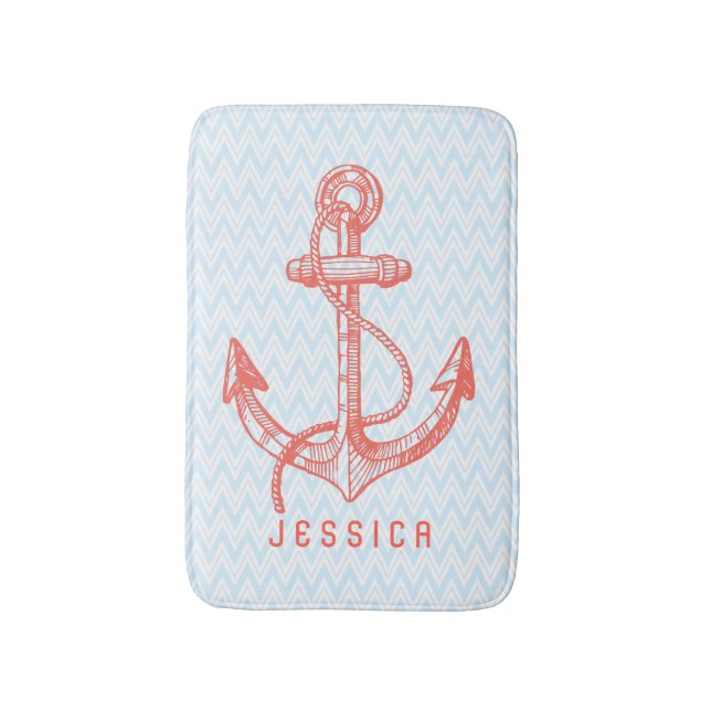 White & Blue Chevron With Nautical Boat Anchor Bathroom Mat (Front Vertical)