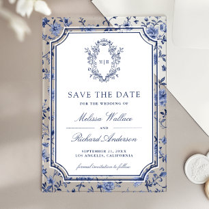 White Blue Chinoiserie Crest Wedding Save the Date