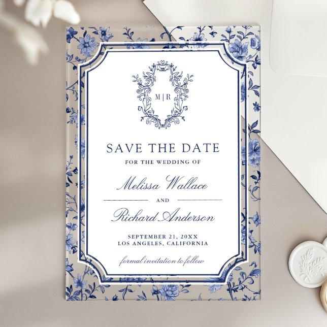 White Blue Chinoiserie Crest Wedding Save the Date Acrylic Invitations (Creator Uploaded)