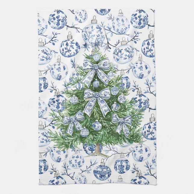 White Blue Christmas Ornaments Tree with Bows Kitchen Towel (Vertical)
