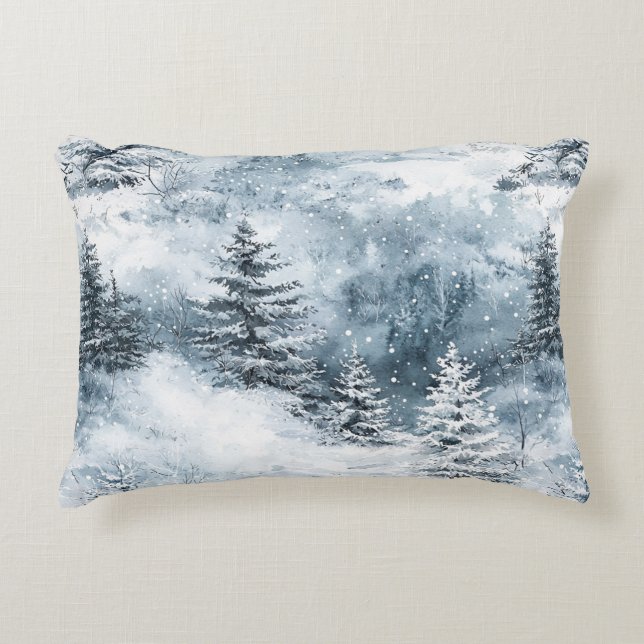 White Blue Christmas Trees Winter Snow Accent Pillow (Front)