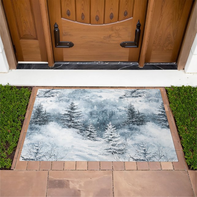 White Blue Christmas Trees Winter Snow Doormat (Outdoor)