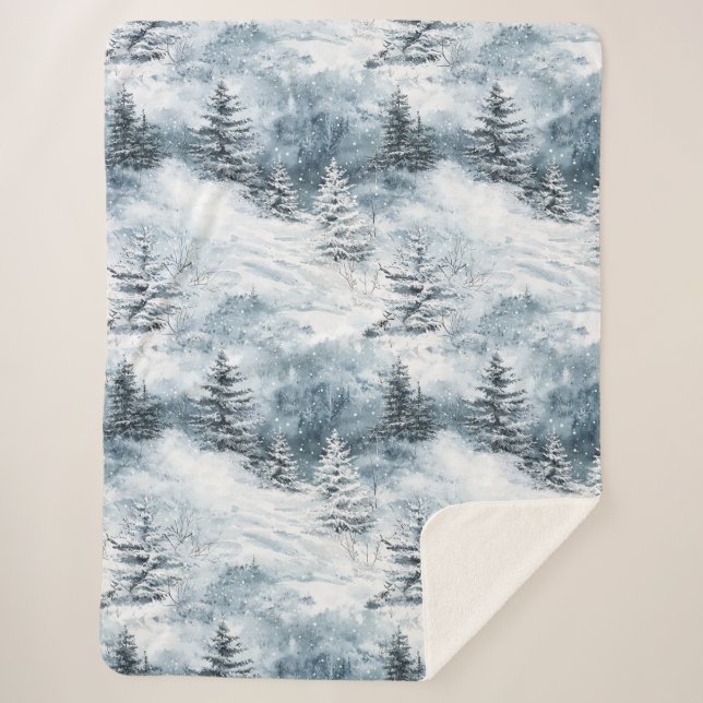 White Blue Christmas Trees Winter Snow Sherpa Blanket (Front)