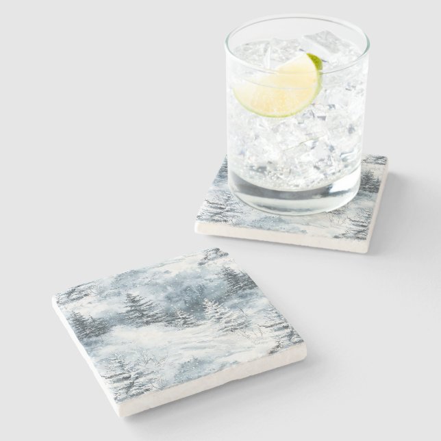 White Blue Christmas Trees Winter Snow Stone Coaster (Side)