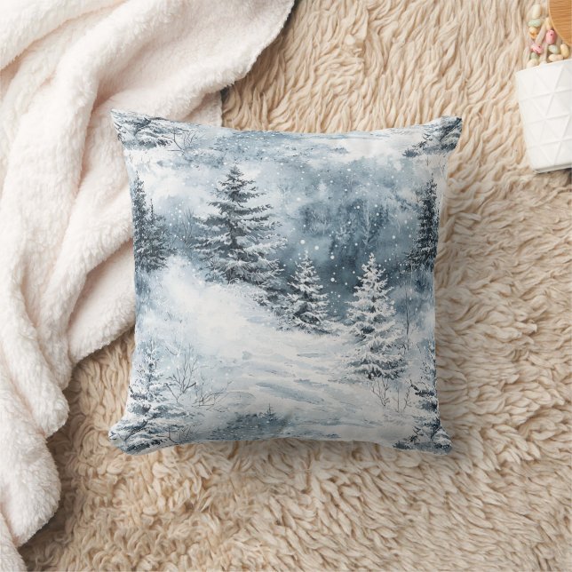 White Blue Christmas Trees Winter Snow Throw Pillow (Blanket)