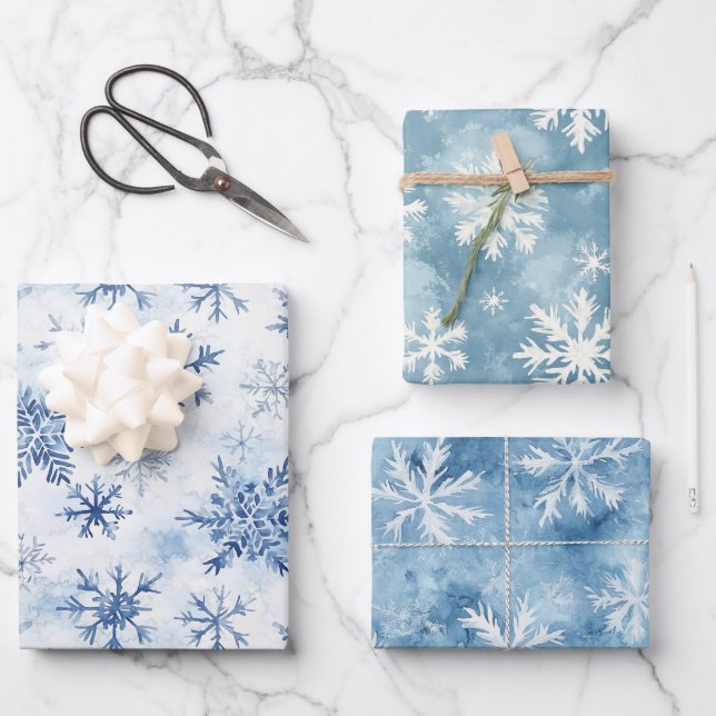 White Blue Christmas Winter Snowflakes Wrapping Paper Sheets (Front)