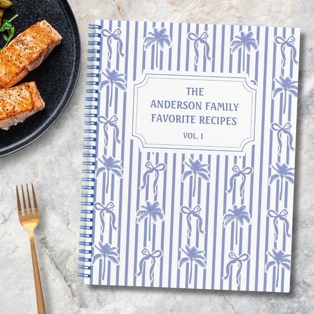 White Blue Coastal Chic Stripes Family Recipe Book (In situ)
