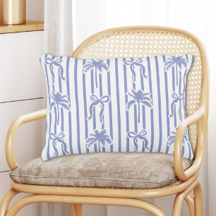 White Blue Coastal Palm Trees Bows Stripes Pattern Accent Pillow