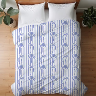 White Blue Coastal Palm Trees Bows Stripes Pattern Duvet Cover