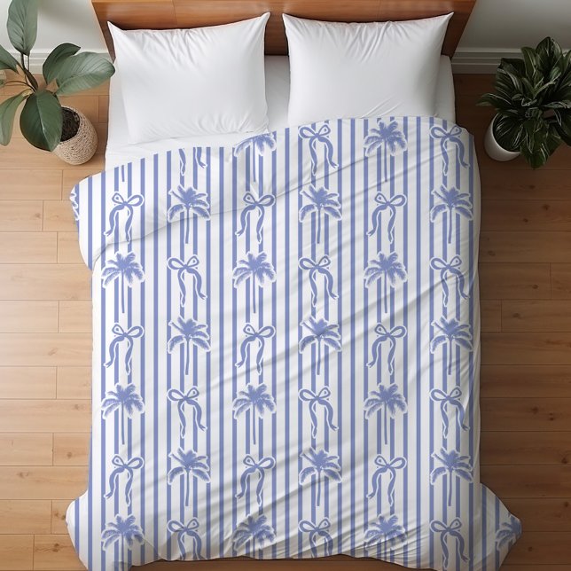 White Blue Coastal Palm Trees Bows Stripes Pattern Duvet Cover (In situ)