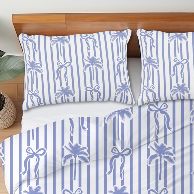 White Blue Coastal Palm Trees Bows Stripes Pattern Pillow Case (In situ)