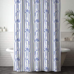 White Blue Coastal Palm Trees Bows Stripes Pattern Shower Curtain