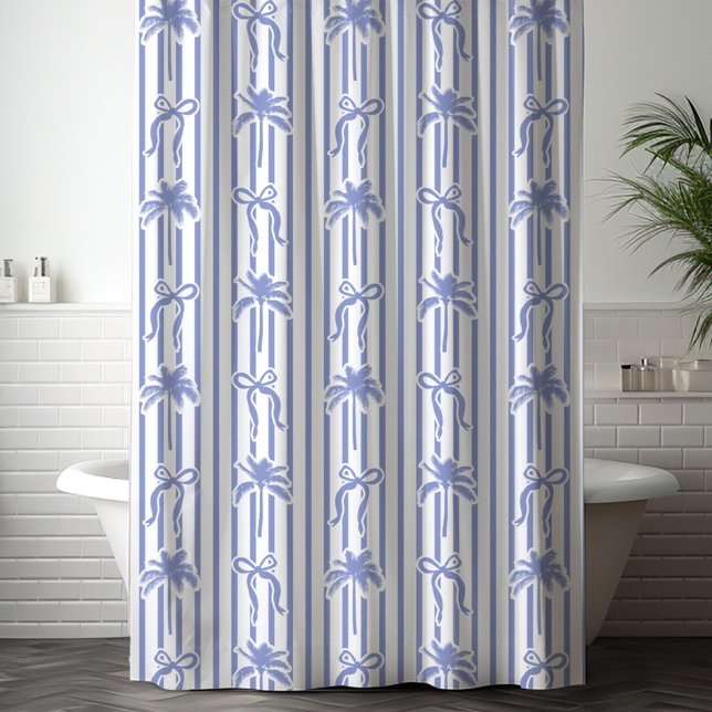 White Blue Coastal Palm Trees Bows Stripes Pattern Shower Curtain (In situ)