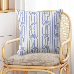 White Blue Coastal Palm Trees Bows Stripes Pattern Throw Pillow