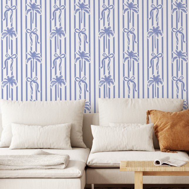White Blue Coastal Palm Trees Bows Stripes Pattern Wallpaper (In situ)