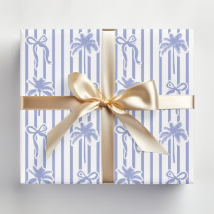 White Blue Coastal Palm Trees Bows Stripes Pattern Wrapping Paper Sheets