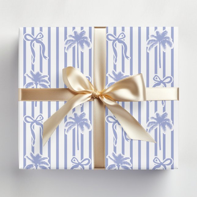 White Blue Coastal Palm Trees Bows Stripes Pattern Wrapping Paper Sheets (In situ)