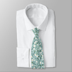 White Blue Cottage core Vintage Floral Pattern Neck Tie