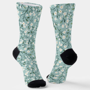 White Blue Cottage core Vintage Floral Pattern  Socks