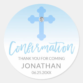 White Blue Cross CONFIRMATION Boy Thank You Classic Round Sticker
