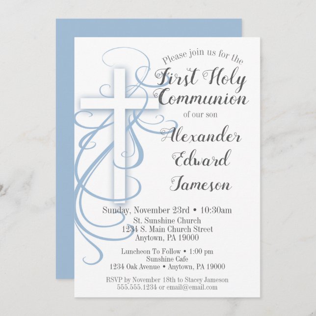 White Blue Cross First Holy Communion Invitation (Front/Back)