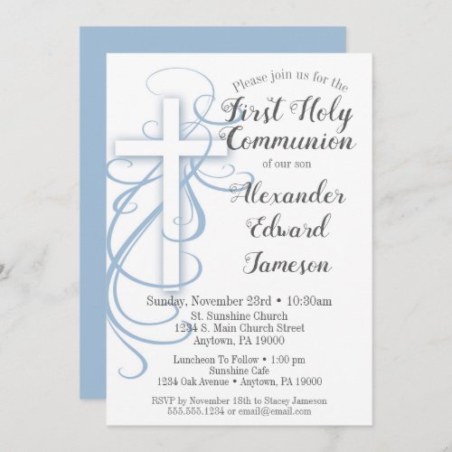 White Blue Cross First Holy Communion Invitation