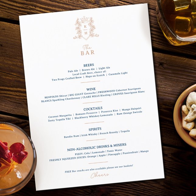 White blue crown crest monogram wedding bar menu (Creator Uploaded)