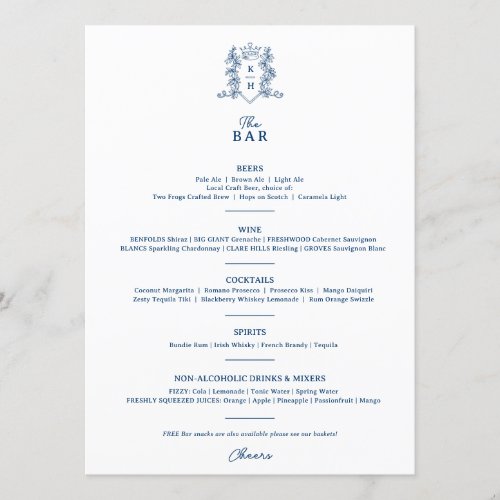 White blue crown crest monogram wedding bar menu