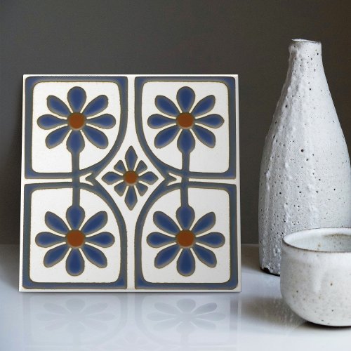 White  Blue Daisies Art Deco Wall Decor Nouveau Ceramic Tile