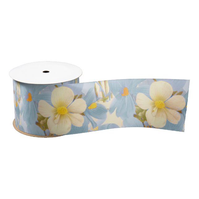 White & Blue Daisies Floral Pattern Satin Ribbon (Spool)