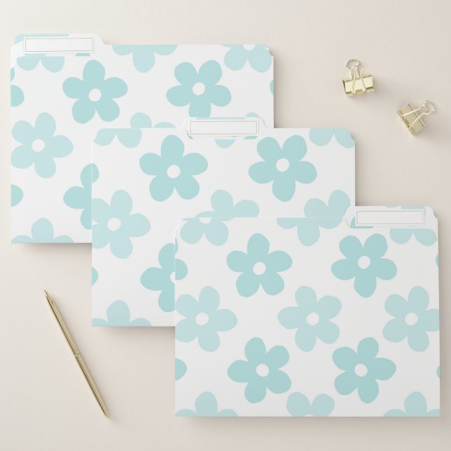 White Blue Daisy Flowers Retro Pattern File Folder (Set)