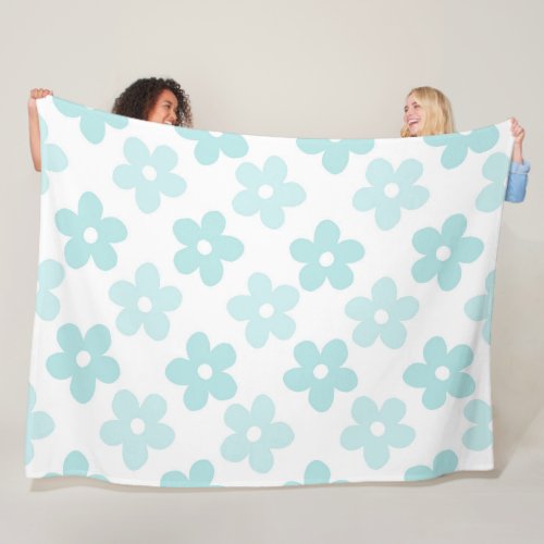 White Blue Daisy Flowers Retro Pattern Fleece Blanket