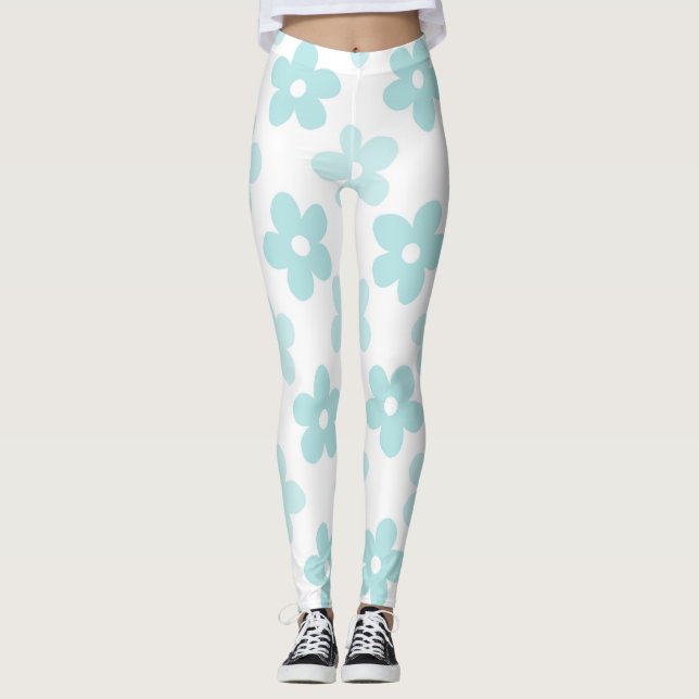 White Blue Daisy Flowers Retro Pattern Leggings (Front)