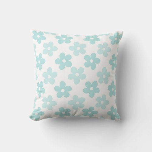 White Blue Daisy Flowers Retro Pattern Throw Pillow