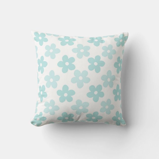 White Blue Daisy Flowers Retro Pattern Throw Pillow (Front)