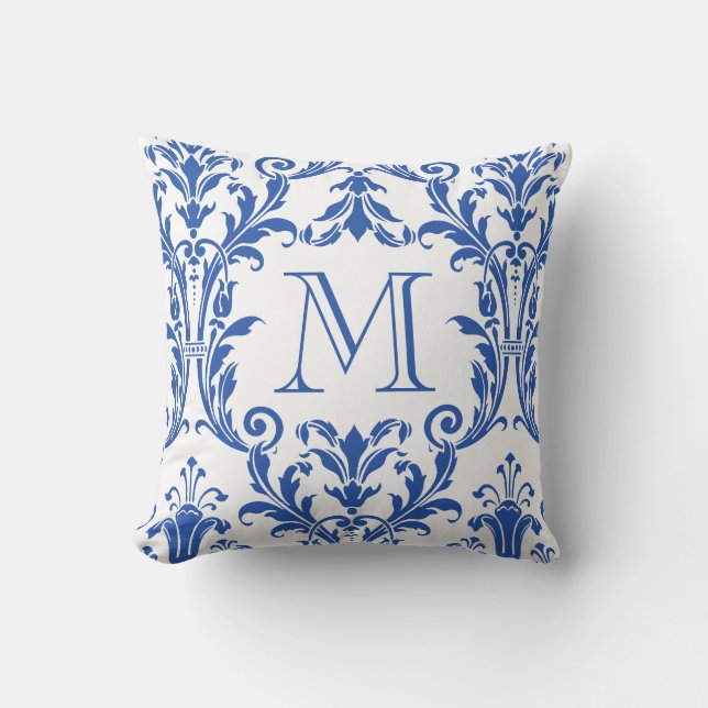 White & Blue Damask Floral Swirls Monogram Throw Pillow (Front)