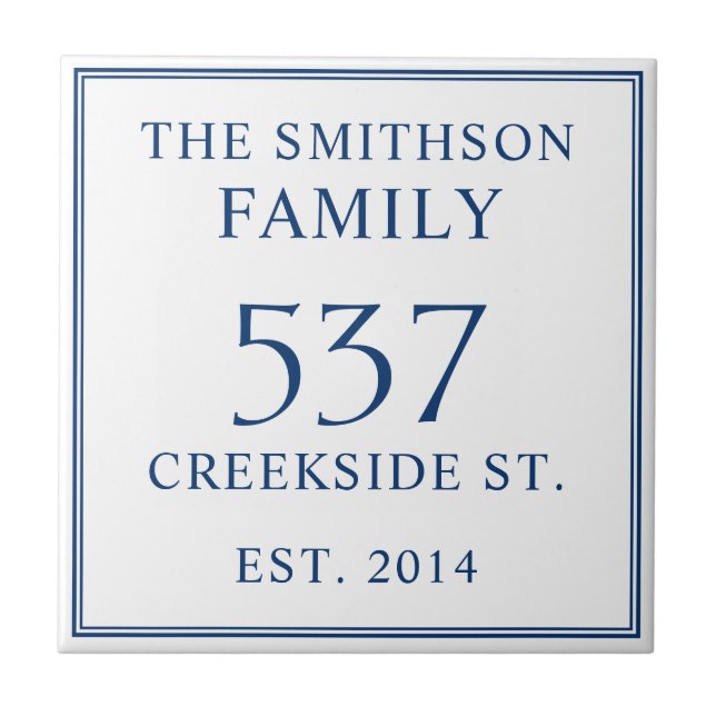 White & Blue Date Established Address House Plaque Ceramic Tile (Front)