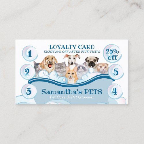 White Blue Dog Cat Groomer Pet Care Bath Loyalty Business Card