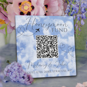 White & Blue Elegant QR Code Honeymoon Fund Sign Plaque